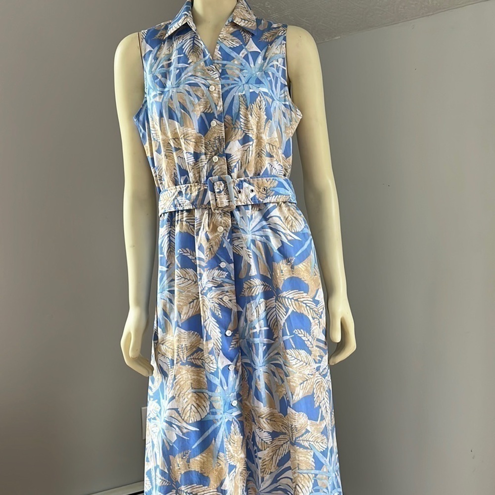 J.mclaughlin Brooks Shirtdress Sleeveless Collared Belted Dress Blue Tan L
